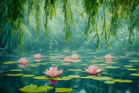 水莲池塘垂柳油画