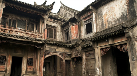 古旧中式建筑庭院尽显历史沧桑感