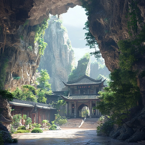 山洞中的中式古建筑景观