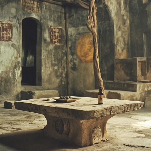 陈旧石桌配酒置于荒废古旧建筑中