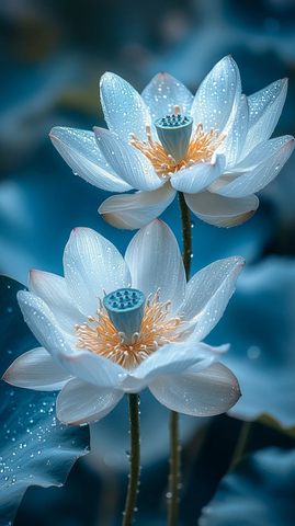 透明白莲蓝蕊水珠摄影