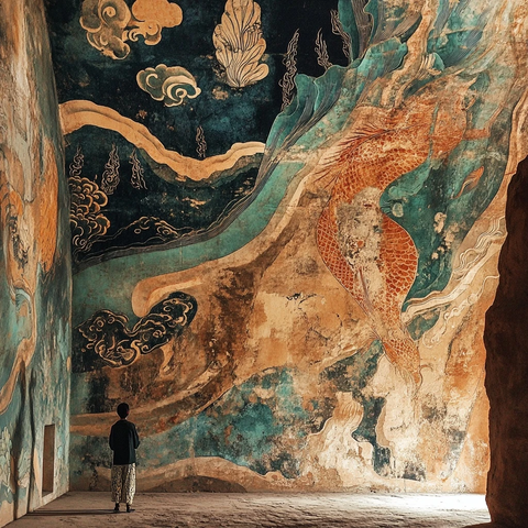 小孩观看壁画的古老建筑内部景象