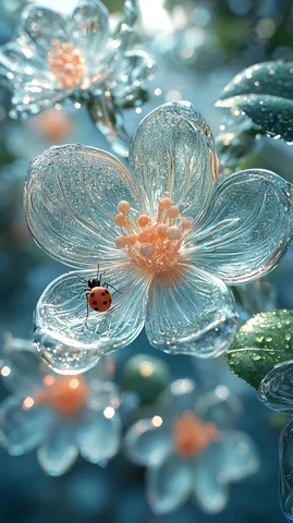 玻璃桃花雨中蝴蝶瓢虫