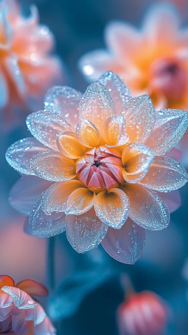 冰下露珠点缀的橙黄花瓣