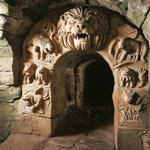 雕刻有猛兽形象的古老石质隧道