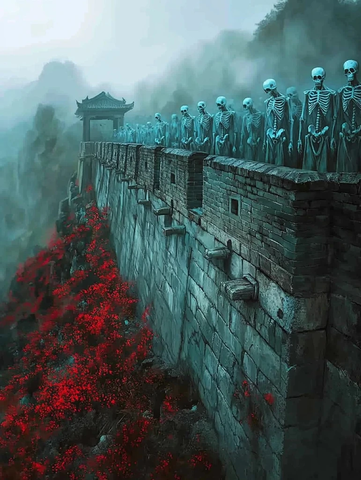 长城上排列着骷髅的壮观景象