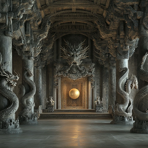 神秘古殿内雕龙石柱环绕金球景象