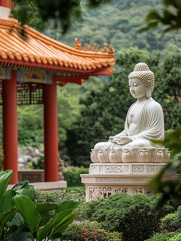 户外佛像雕塑与传统建筑景观