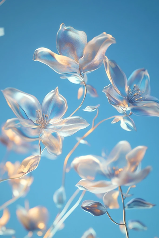 蓝天下交织的花与枝