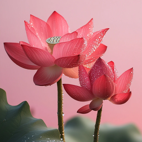 红莲盛开露珠点缀