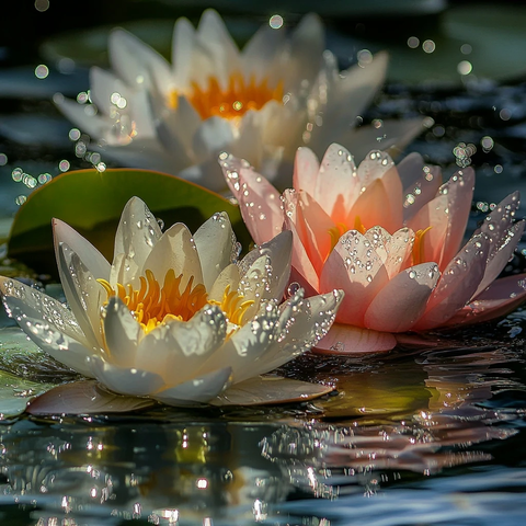 水中花朵与晶莹水滴