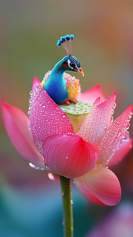 小蓝孔雀栖息莲蕾露珠