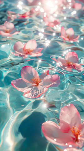 透明水面漂浮花瓣