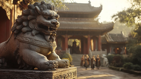 石狮子雕像与古建筑相映成趣的景象