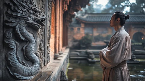 身着传统服饰男子站在古建筑旁