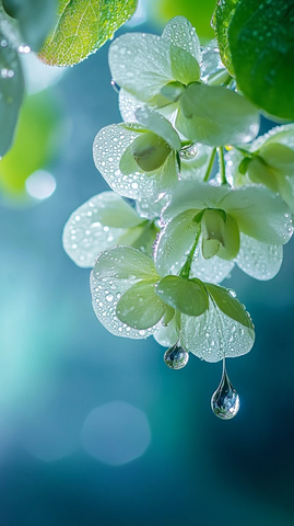 绿叶花枝晶莹花朵
