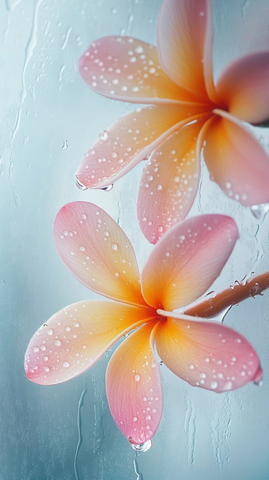 雾窗露珠粉白鸡蛋花