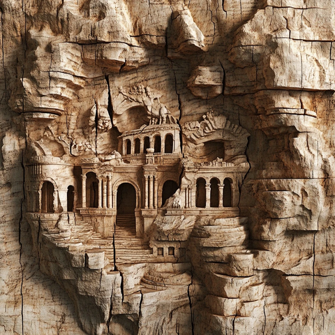 刻在岩石上的古代建筑雕塑