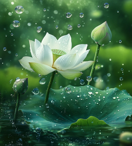 白莲绿叶露珠空中漂浮