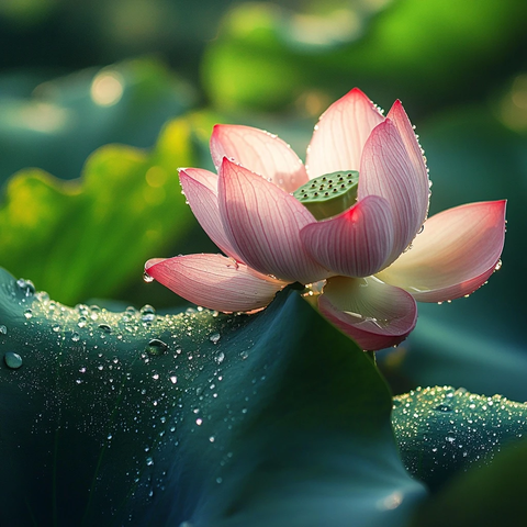 莲花叶露珠与盛开花朵