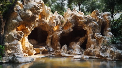 水边的大型岩石山洞自然景观