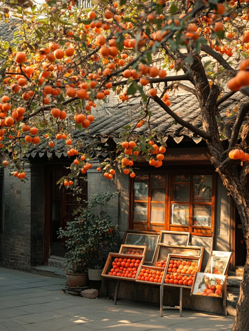 古屋外柿子树挂满果地上摆着柿子框