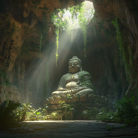 洞穴中带绿植的佛像雕塑全景