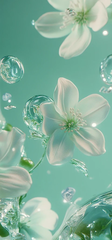 渐变绿背景悬浮花卉玻璃