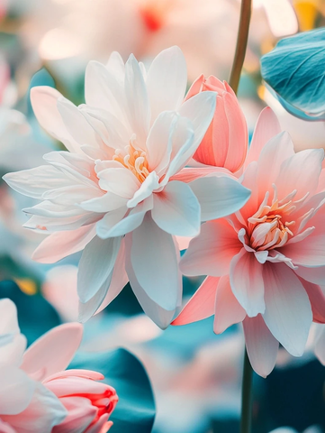 睡莲粉白花朵绿叶近景