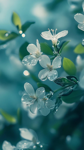 绿叶花枝晶莹花朵露珠