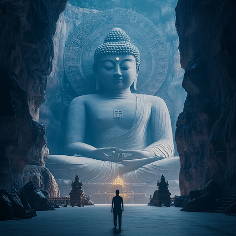 山洞中巨大佛像前有一人站立的场景