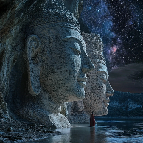 水边巨型佛像雕刻与红衣人的独特景象