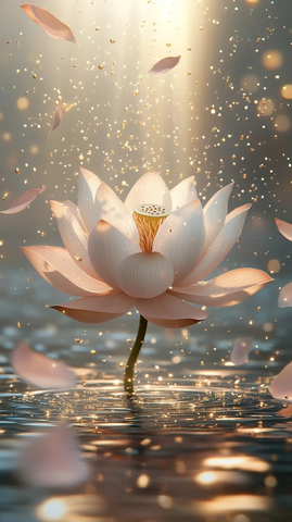 悬浮莲花金色光柱与花瓣