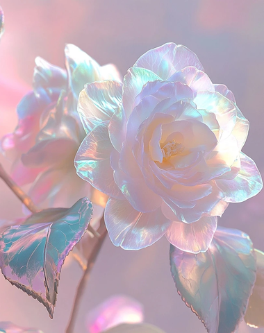 虹彩山茶花与浅绿叶