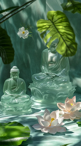 莲花座玻璃佛像绿叶阴影
