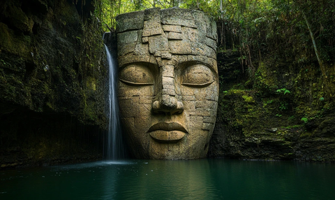 水边巨石人脸雕塑的自然景观