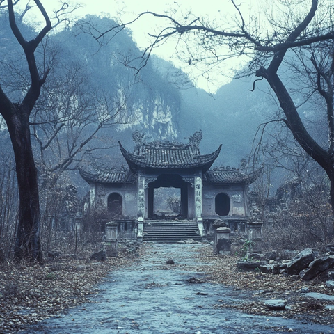 山林中荒废古建的萧瑟景象