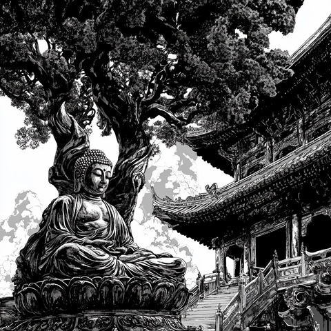 古树下的佛像与古建筑的静谧景象