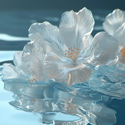 透明玻璃花瓣水面倒影