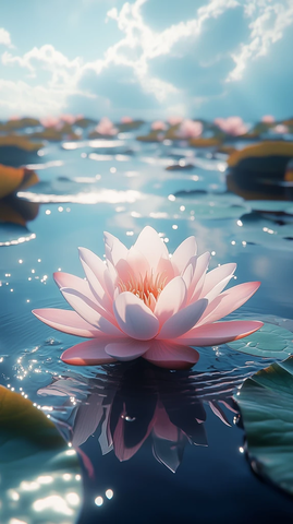 水中盛开粉莲阳光穿透