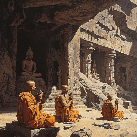 僧人身着黄袍在石窟中打坐修行