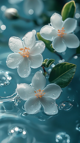 茉莉花瓣浮水阳光透影