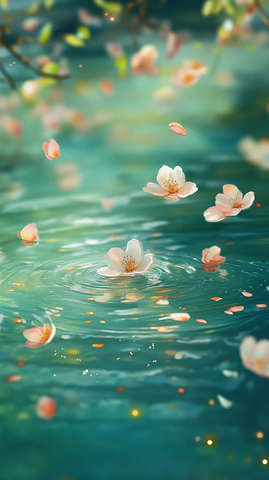 青龙浮水面桃花飘落