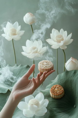 莲花叶上的莲子和月饼