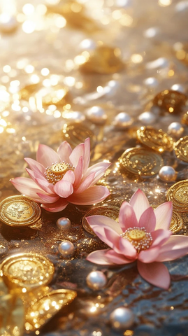 金色元宝莲花水中漂浮