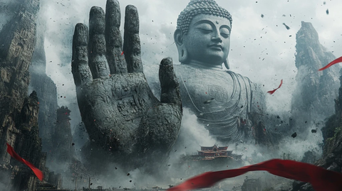 巨佛手掌浮现云雾缭绕的群山之中