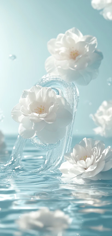 水中白色山茶花与泡沫中心