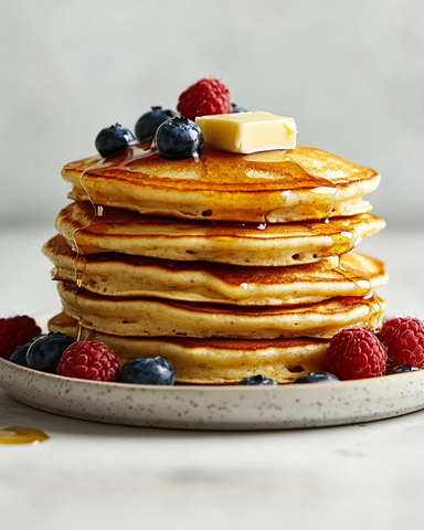 金黄色松软煎饼搭配浆果