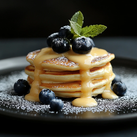 松软煎饼搭配融化的芝士与蓝莓