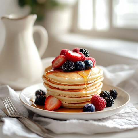 松软薄饼搭配浆果枫糖浆